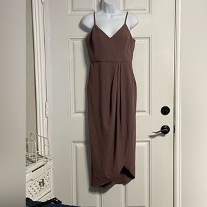 T31a- LULUS Mauve Blush Spaghetti Faux Wrap REINETTE Midi Dress